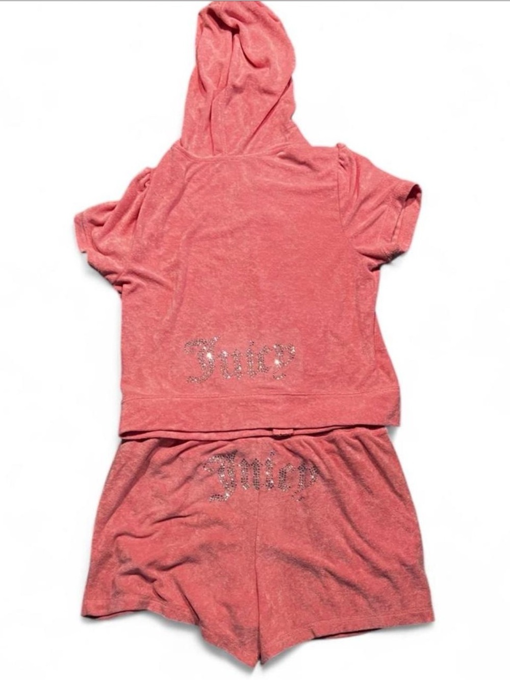 Juicy Couture Coral Pink Hooded Short Set with Rhinestone Logo